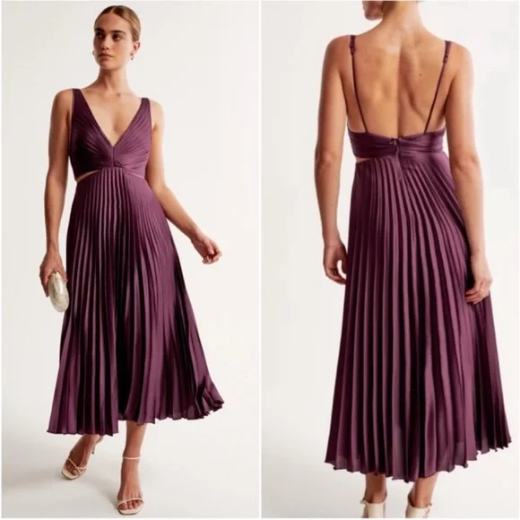 NEW Abercrombie & Fitch Giselle Pleated Cutout Midi Dress in Plum Large Tall - Picture 3 of 9